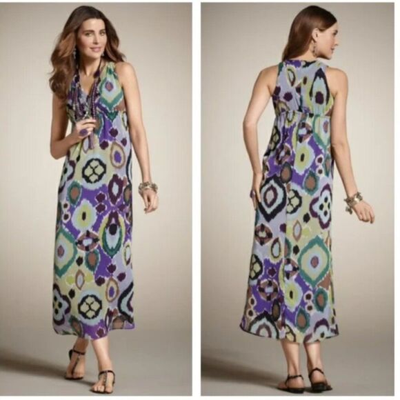 Chico's Chelsea Crinkle Chiffon Maxi Dress Size 3 / XL NEW Purple Ikat Print - Picture 1 of 8